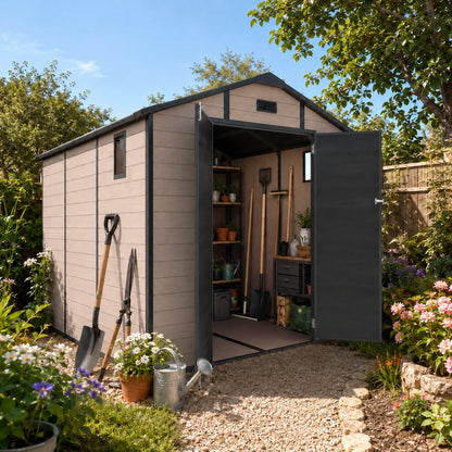 8x10 ft plastic storage shed beige with black trim lockable resin tool shed HouseOfZazla on Tampa Home & Garden Store