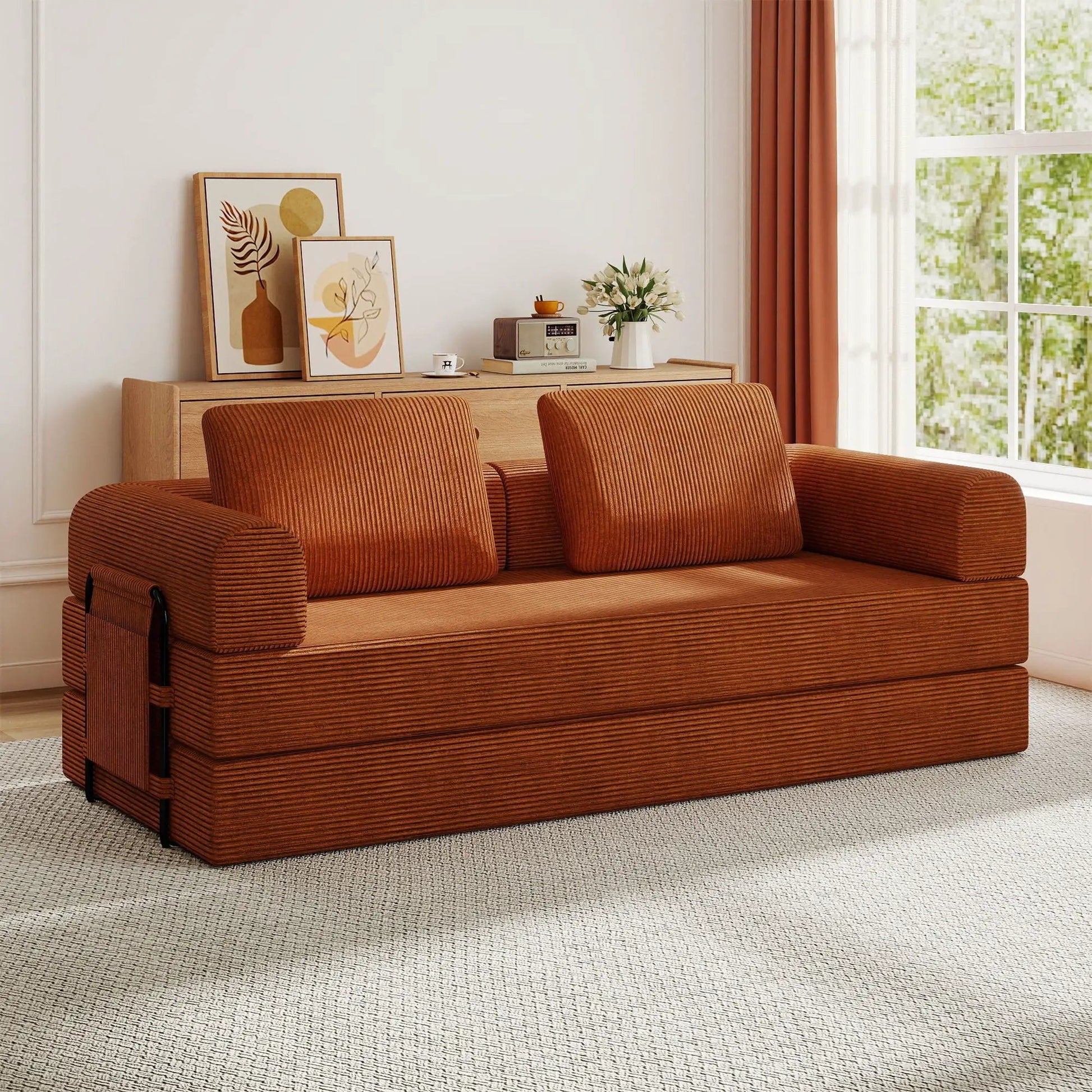 Convertible sleeper sofa bed with cylindrical pillow in rust corduroy, fixed shape frame on Tampa Home & Garden Store