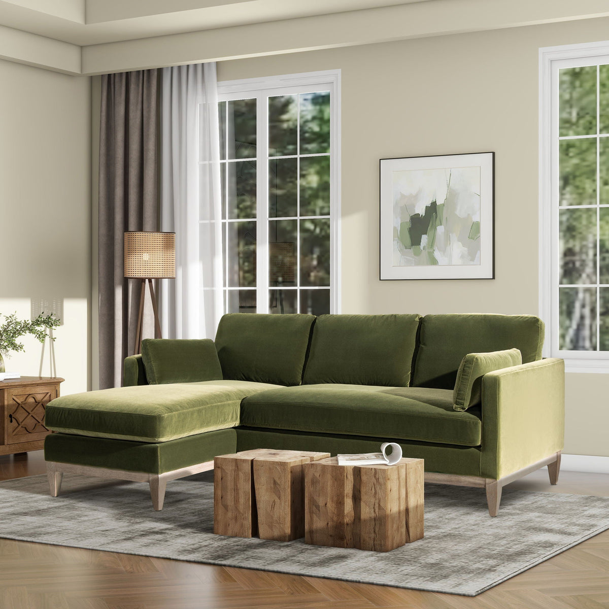Knox Modern Farmhouse Chaise Sectional Sofa, green upholstered with light wood legs on Tampa Home & Garden Store