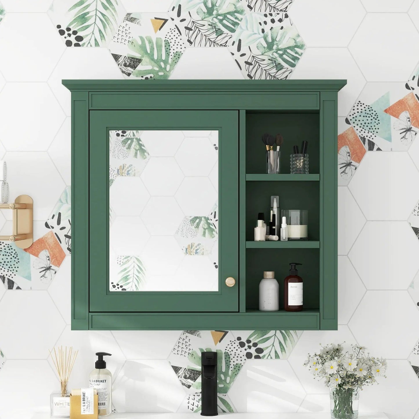 Wall Mounted Cabinet With Mirror and Open Shelves