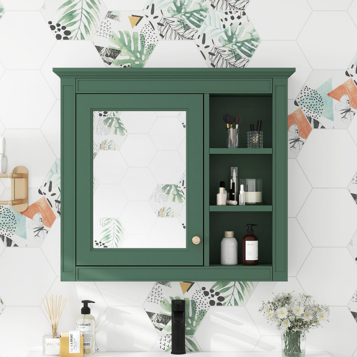 Wall mounted medicine cabinet with mirror and 3 open shelves in green finish on Tampa Home & Garden Store