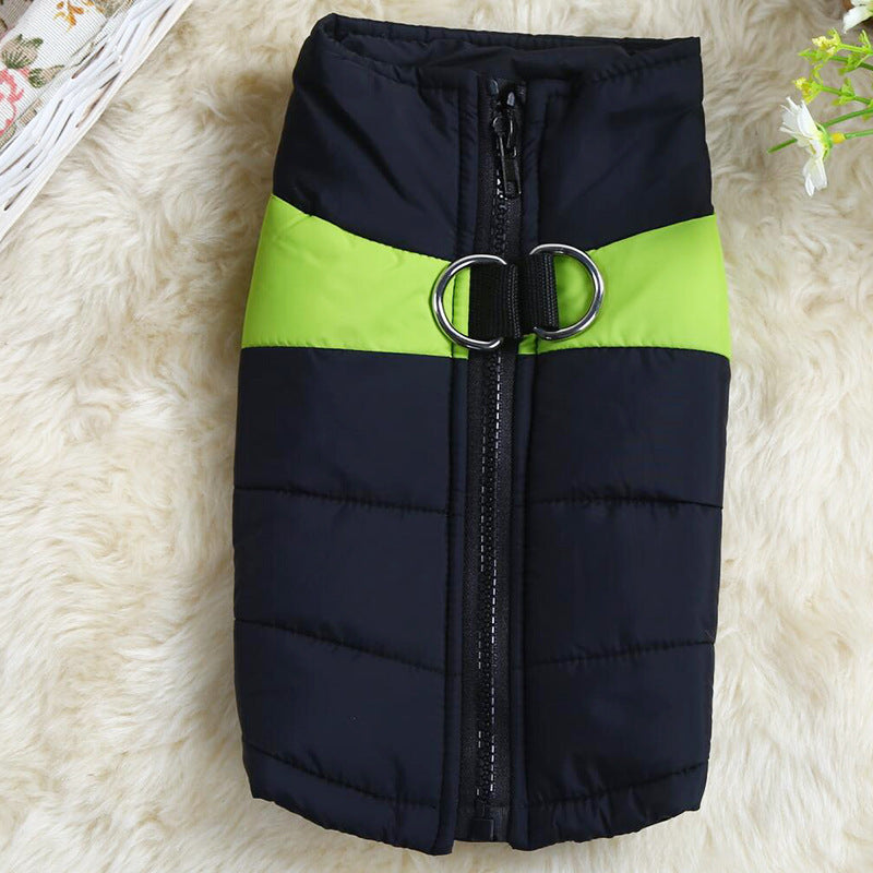 Pet Zen dog outdoor coat vest navy blue with lime green stripe, front zipper and D-ring hardware on Tampa Home & Garden Store