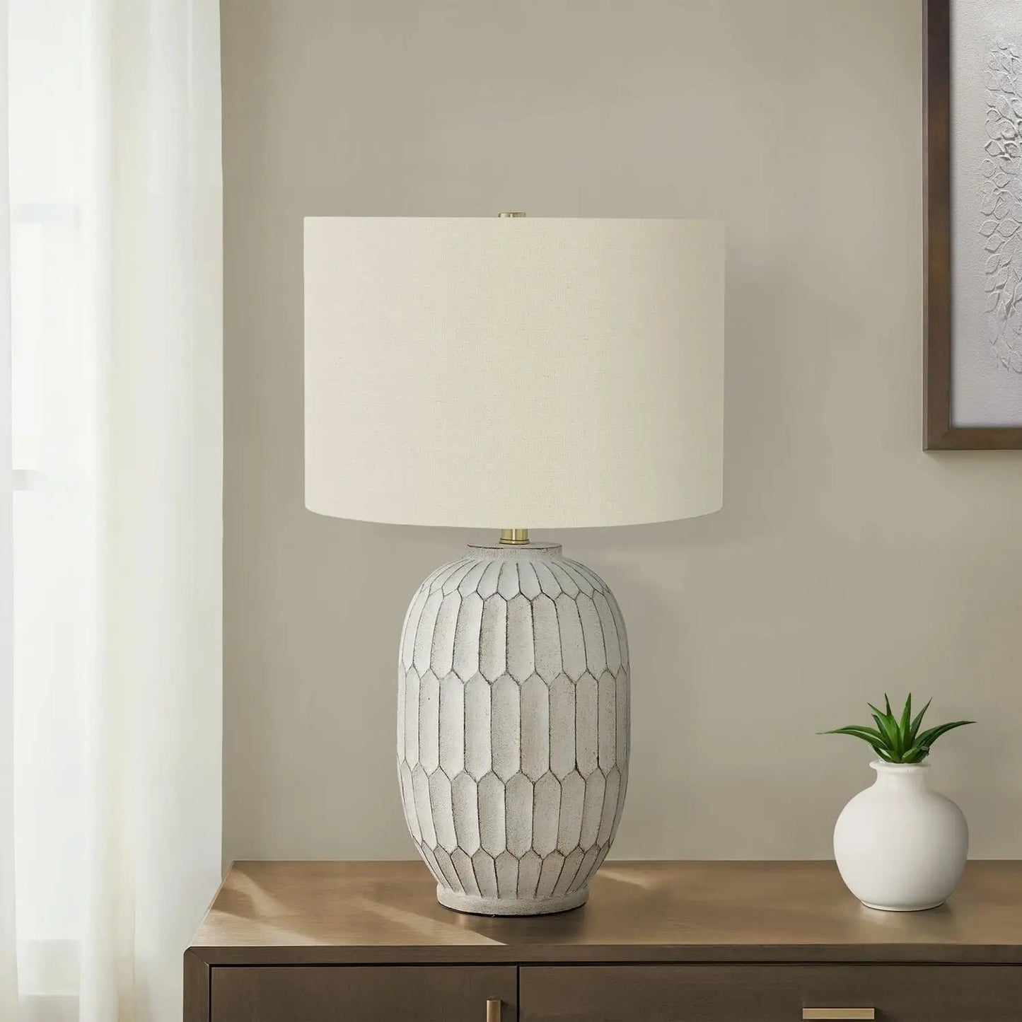 Table Lamp cream shade with textured ceramic base in transitional style on wooden console on Tampa Home & Garden Store