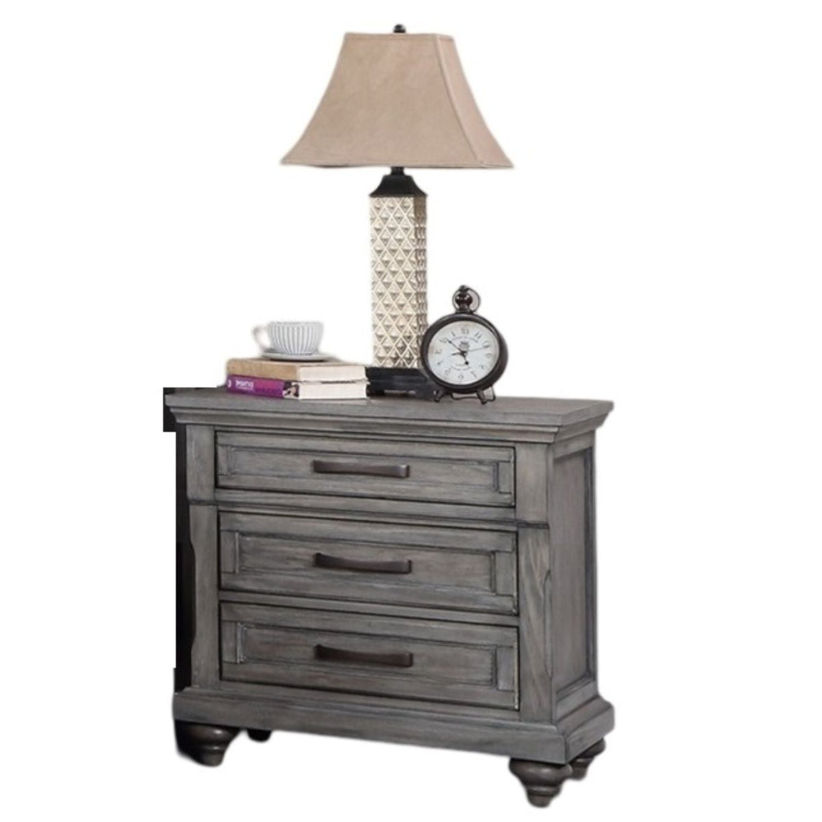 3 Piece Bedroom Set Bed With 2 Nightstands gray weathered wood dresser with lamp and clock on top on Tampa Home & Garden Store