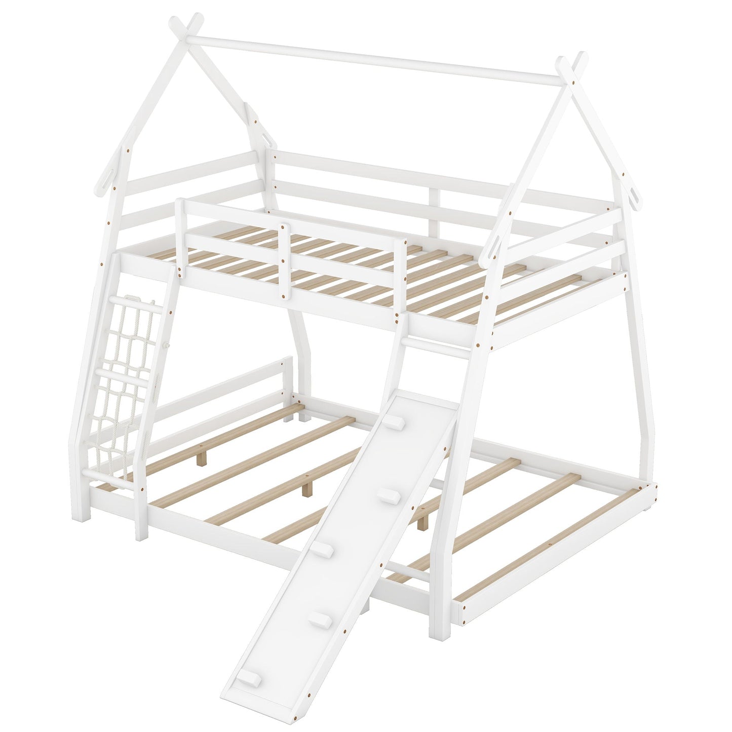 Twin over queen bunk bed in white with climbing nets and ramp by HouseOfZazla on Tampa Home & Garden Store