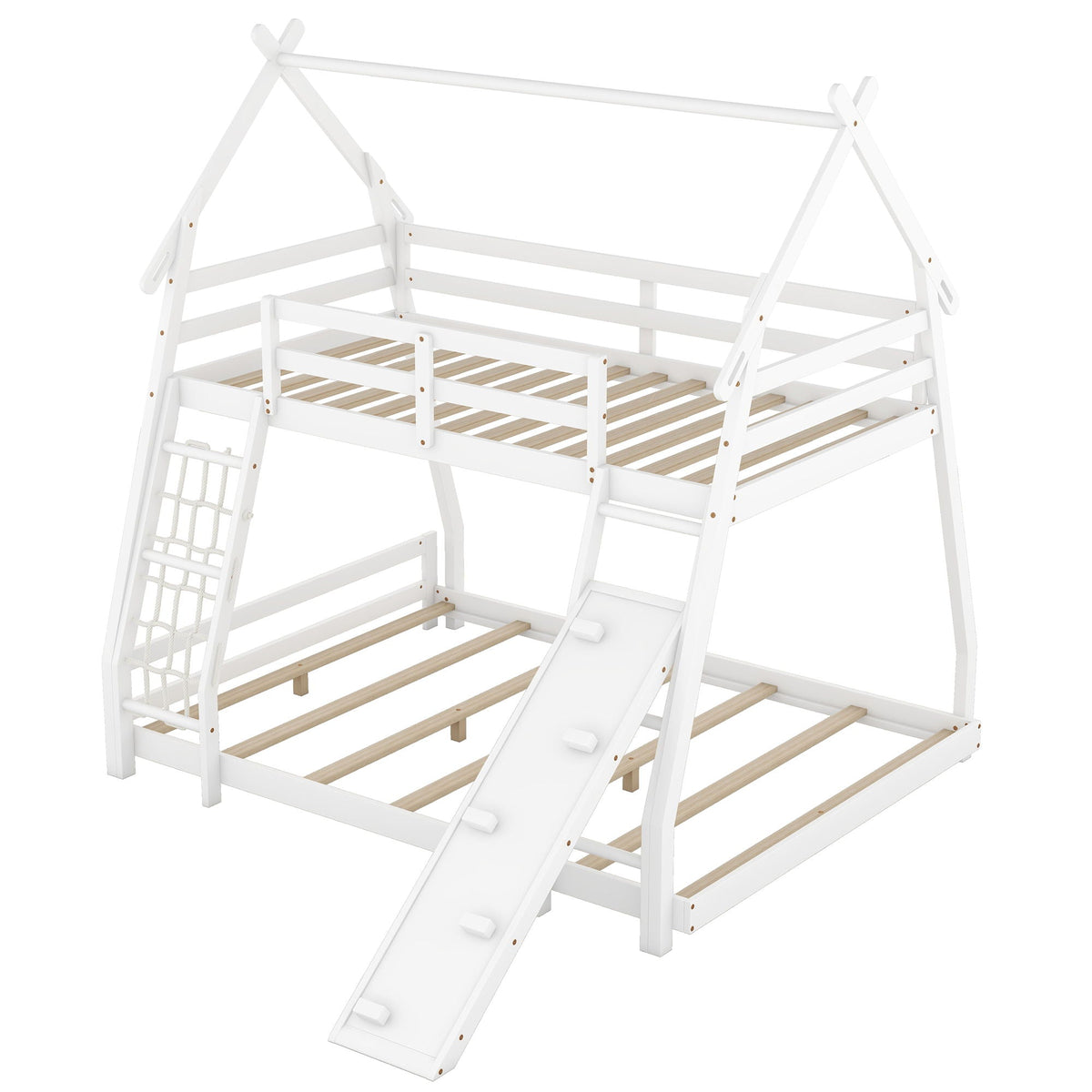 Twin over queen bunk bed in white with climbing nets and ramp by HouseOfZazla on Tampa Home & Garden Store