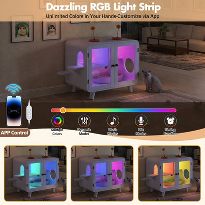 Cat hidden litter box enclosure with RGB LED light, white cabinet, purple interior on Tampa Home & Garden Store