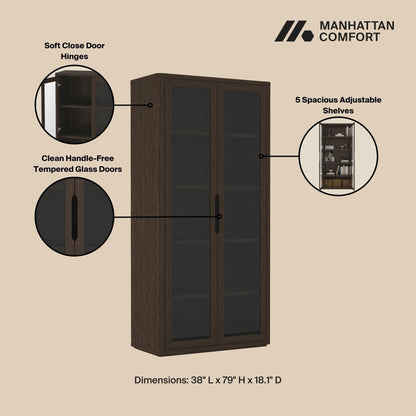 Bookcase Cabinet with tempered glass doors and 5 adjustable shelves in dark brown wood finish on Tampa Home & Garden Store