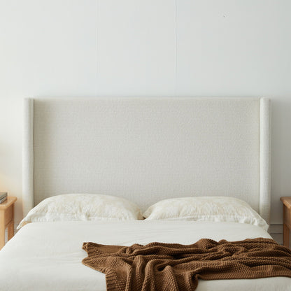 Hale upholstered wingback bed in light beige fabric by HouseOfZazla with tall headboard on Tampa Home & Garden Store