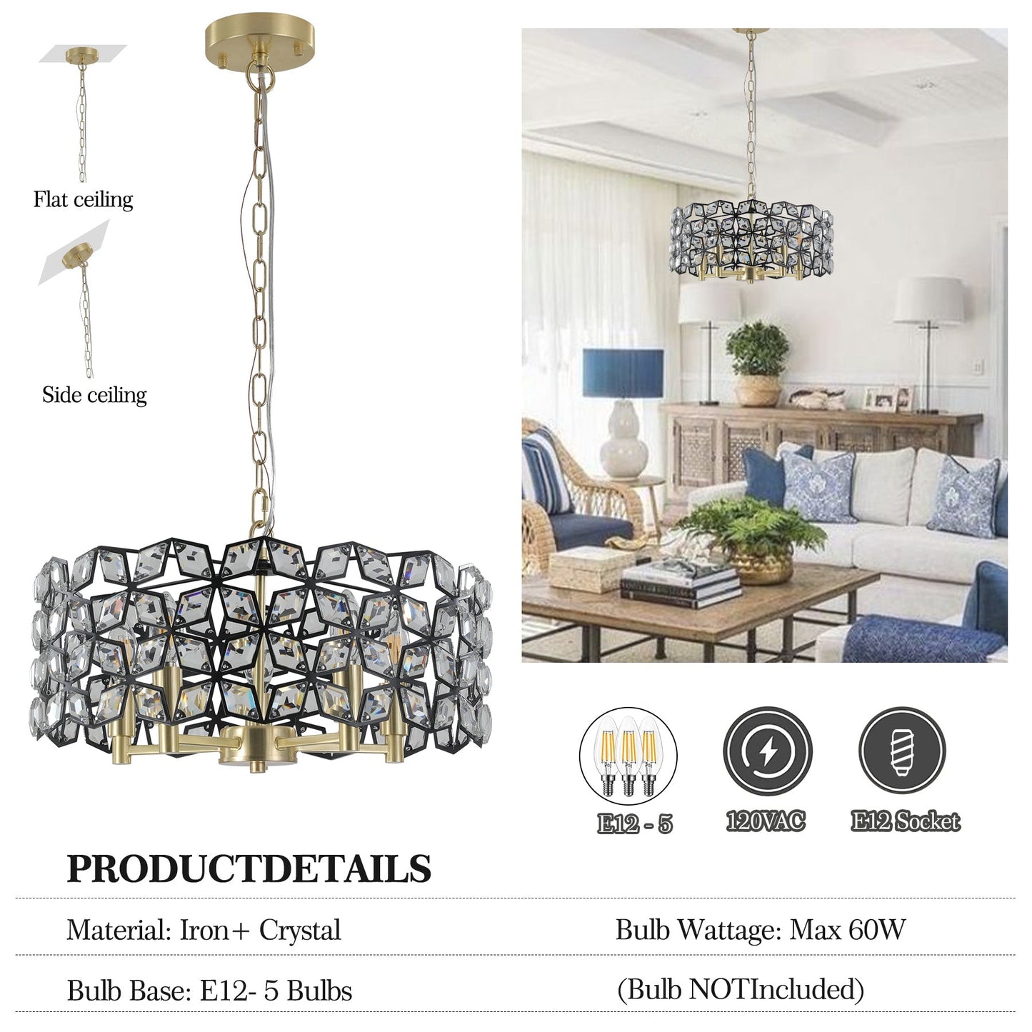 Chandelier 19in Geometric Crystal and Black Gold Round Pendant by HouseOfZazla on Tampa Home & Garden Store
