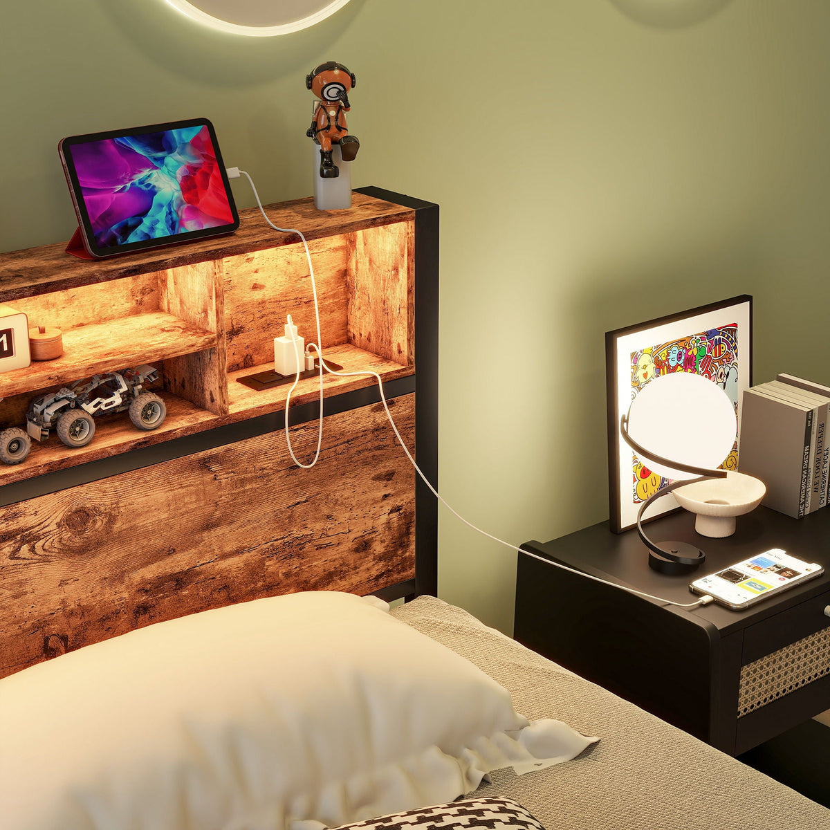 Modern twin storage bed with brown wood storage headboard and integrated charging station on Tampa Home & Garden Store