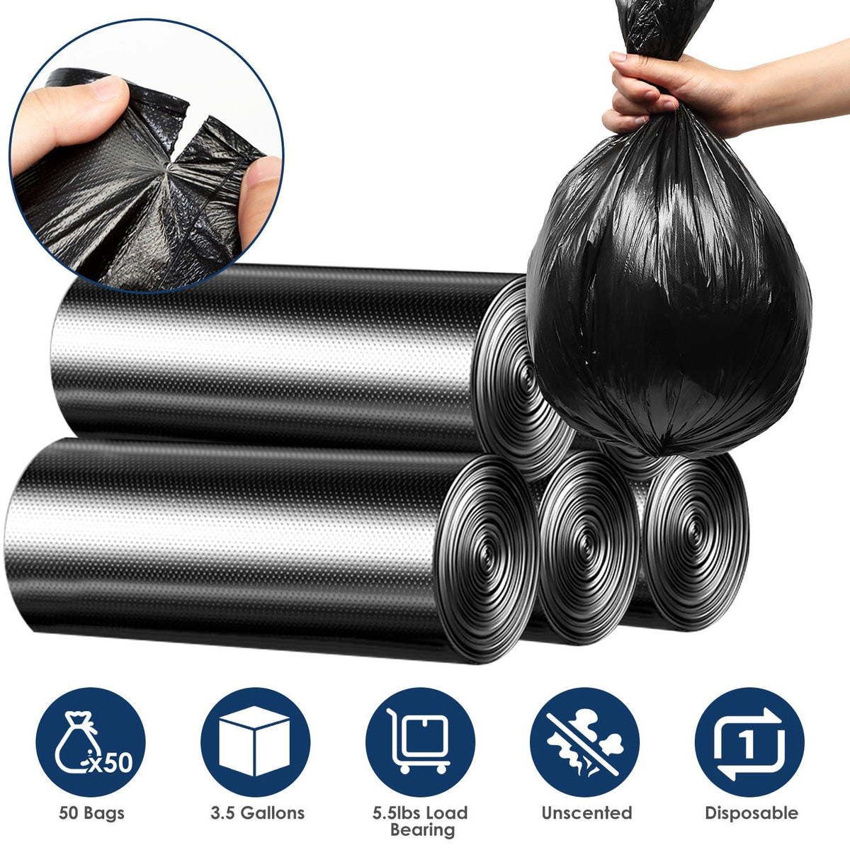 GemGear black garbage bags, 5 rolls (50 bags), unscented, leak-resistant trash liners on Tampa Home & Garden Store