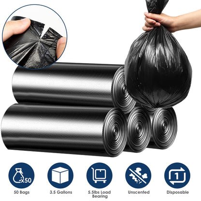 GemGear black garbage bags, 5 rolls (50 bags), unscented, leak-resistant trash liners on Tampa Home & Garden Store