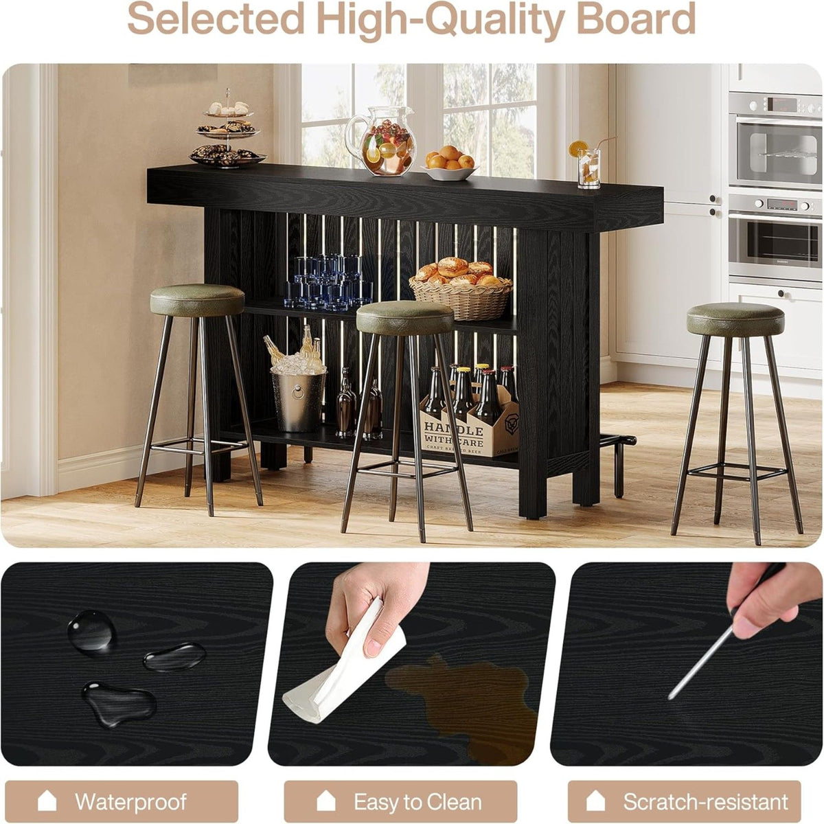 Black 2 Tier Mini Bar Table with bottle rack and glassware display, includes 3 stools HouseOfZazla on Tampa Home & Garden Store