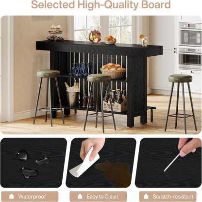 Black 2 Tier Mini Bar Table with bottle rack and glassware display, includes 3 stools HouseOfZazla on Tampa Home & Garden Store