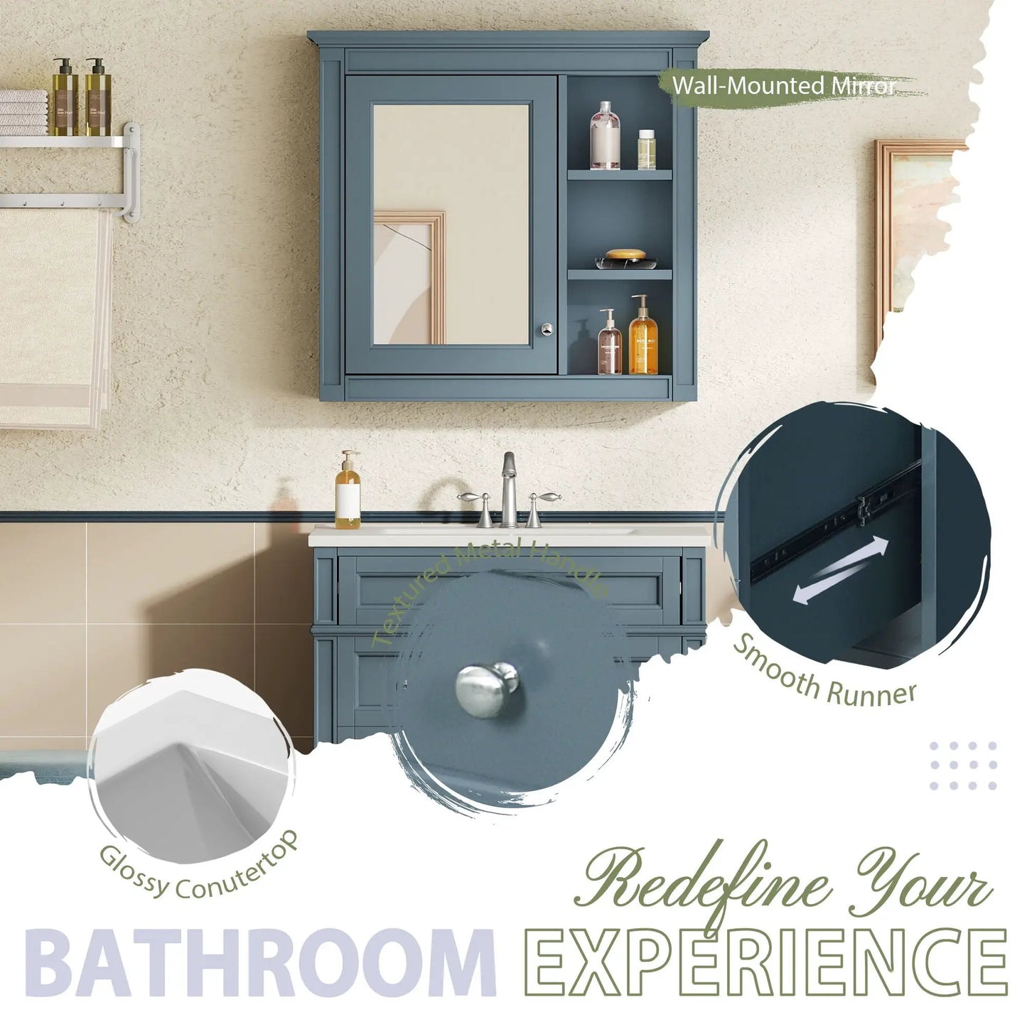 Blue-gray wall-mounted bathroom vanity with medicine cabinet; 2 doors, 4 drawers on Tampa Home & Garden Store