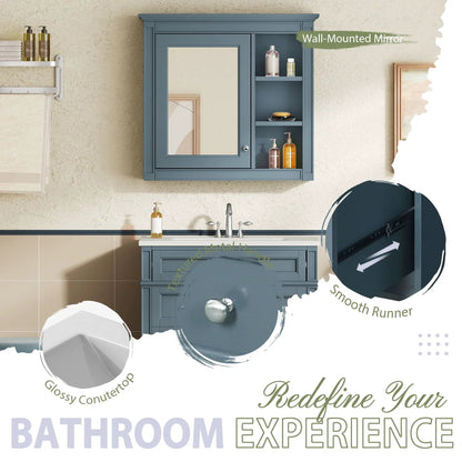 Blue-gray wall-mounted bathroom vanity with medicine cabinet; 2 doors, 4 drawers on Tampa Home & Garden Store