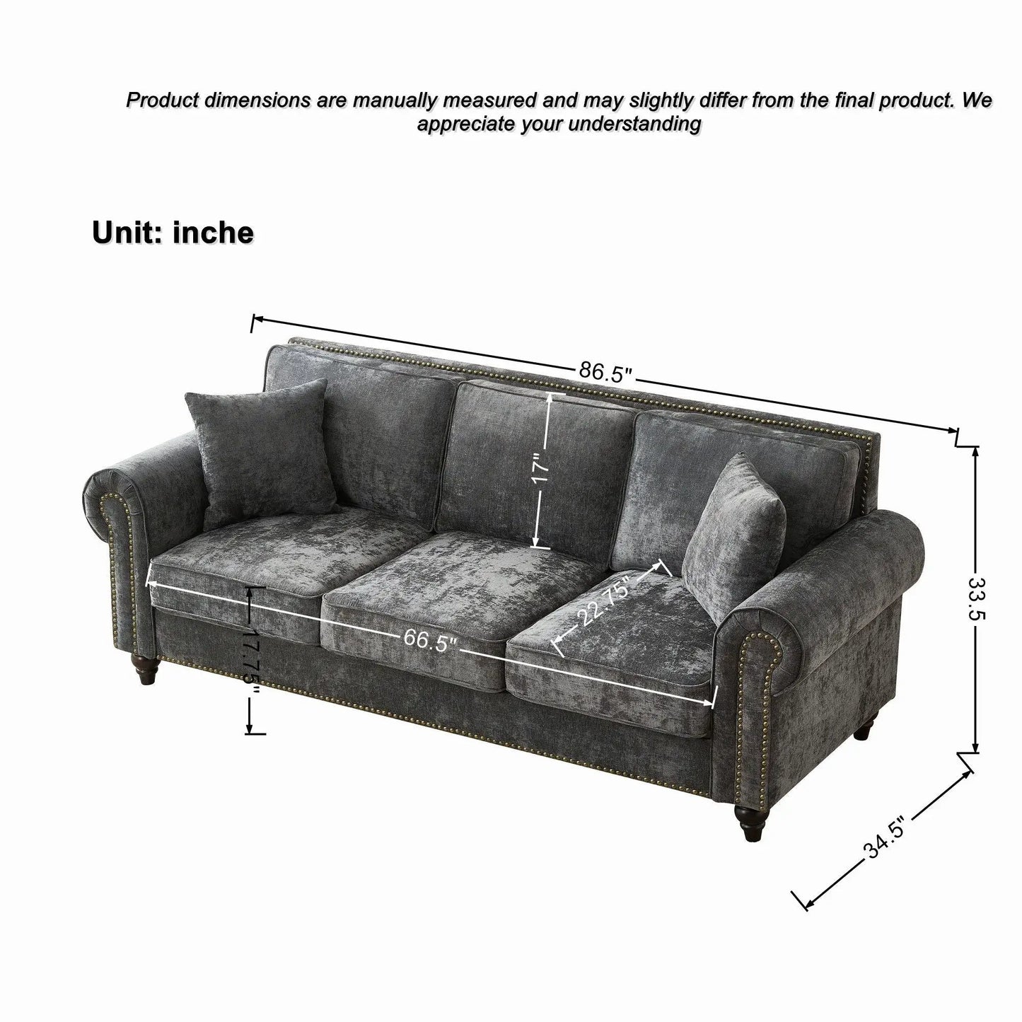 3 Seater sofa with tufted gray upholstery, rolled arms, nailhead trim by Unique Piece Furniture on Tampa Home & Garden Store