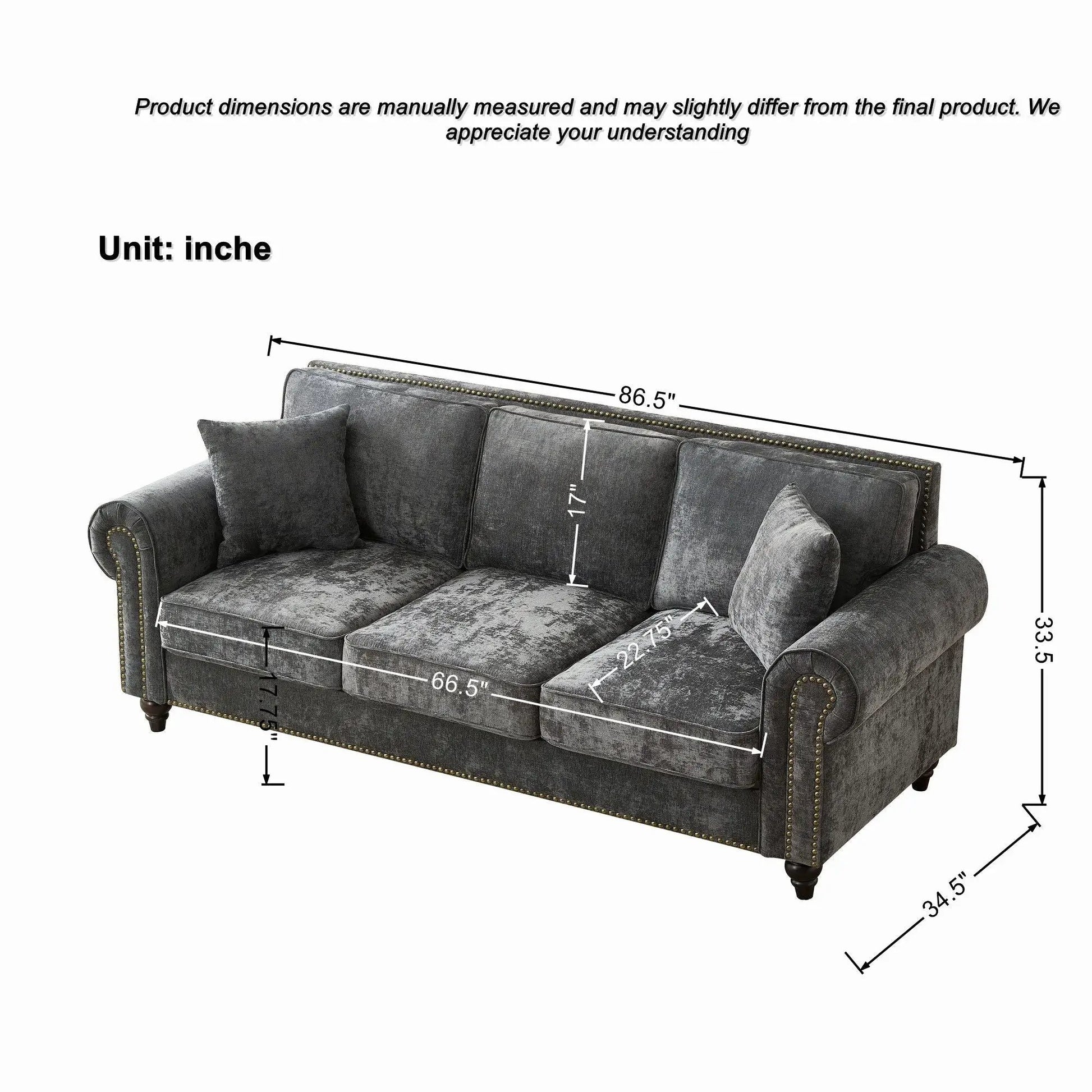 3 Seater sofa with tufted gray upholstery, rolled arms, nailhead trim by Unique Piece Furniture on Tampa Home & Garden Store