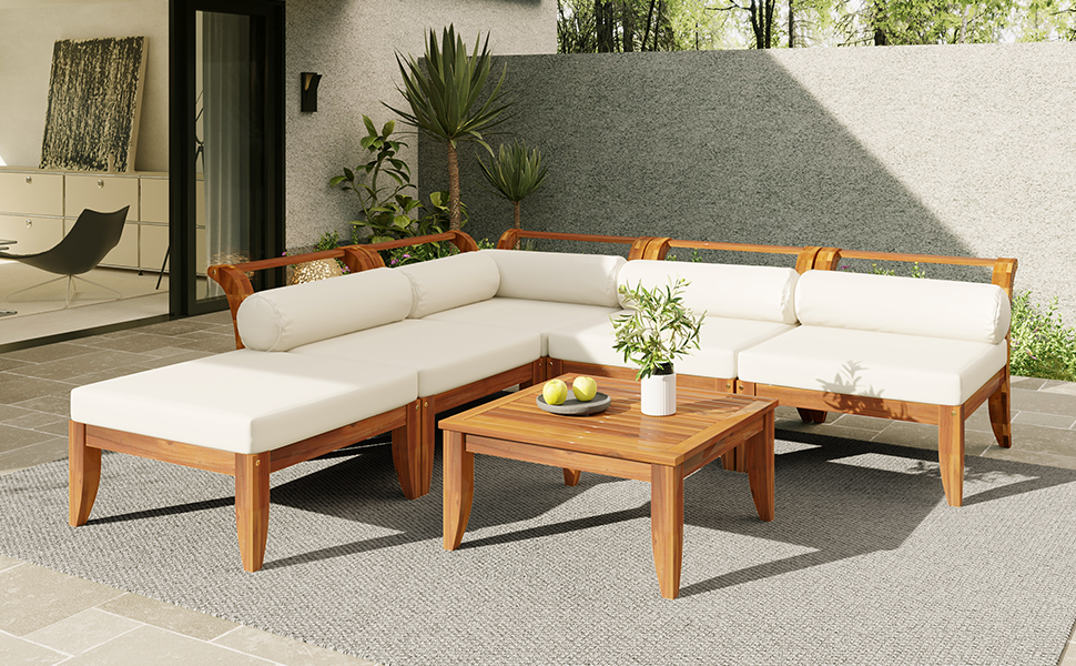 Six-piece acacia wood outdoor modular sectional with daybed and tea table by HouseOfZazla on Tampa Home & Garden Store