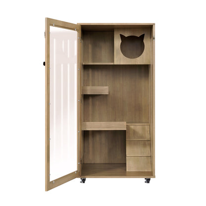 Basia Rubber Wood Cat Cabinet with Wheels by HouseOfZazla, cat silhouette panel, on casters on Tampa Home & Garden Store