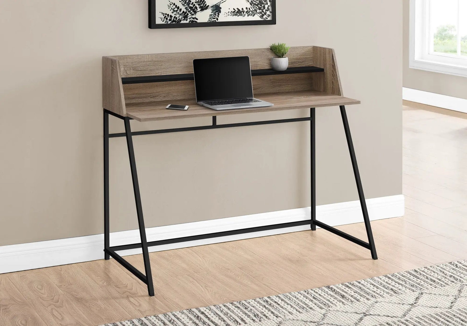 Computer Desk with woodgrain top and black metal frame, open storage shelf; laptop on desk on Tampa Home & Garden Store