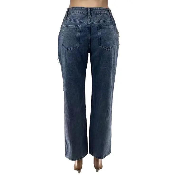 Women's blue denim jeans with raw edge detail and back pockets, FLIPSTYLEZLLC, wide-leg fit on Tampa Home & Garden Store