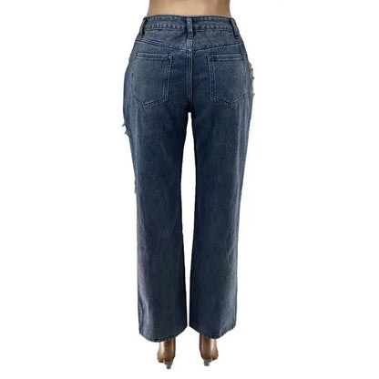 Women's blue denim jeans with raw edge detail and back pockets, FLIPSTYLEZLLC, wide-leg fit on Tampa Home & Garden Store