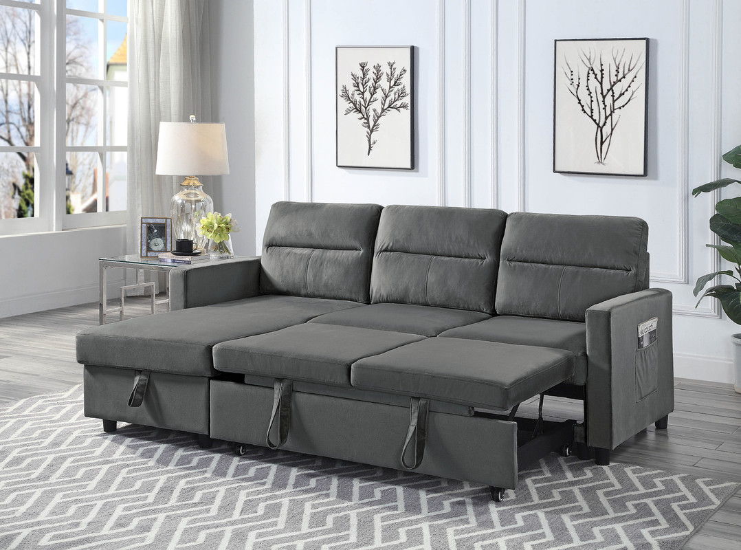 HouseOfZazla Ivy reversible sleeper sectional with storage chaise side pocket gray fabric on Tampa Home & Garden Store