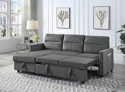 HouseOfZazla Ivy reversible sleeper sectional with storage chaise side pocket gray fabric on Tampa Home & Garden Store