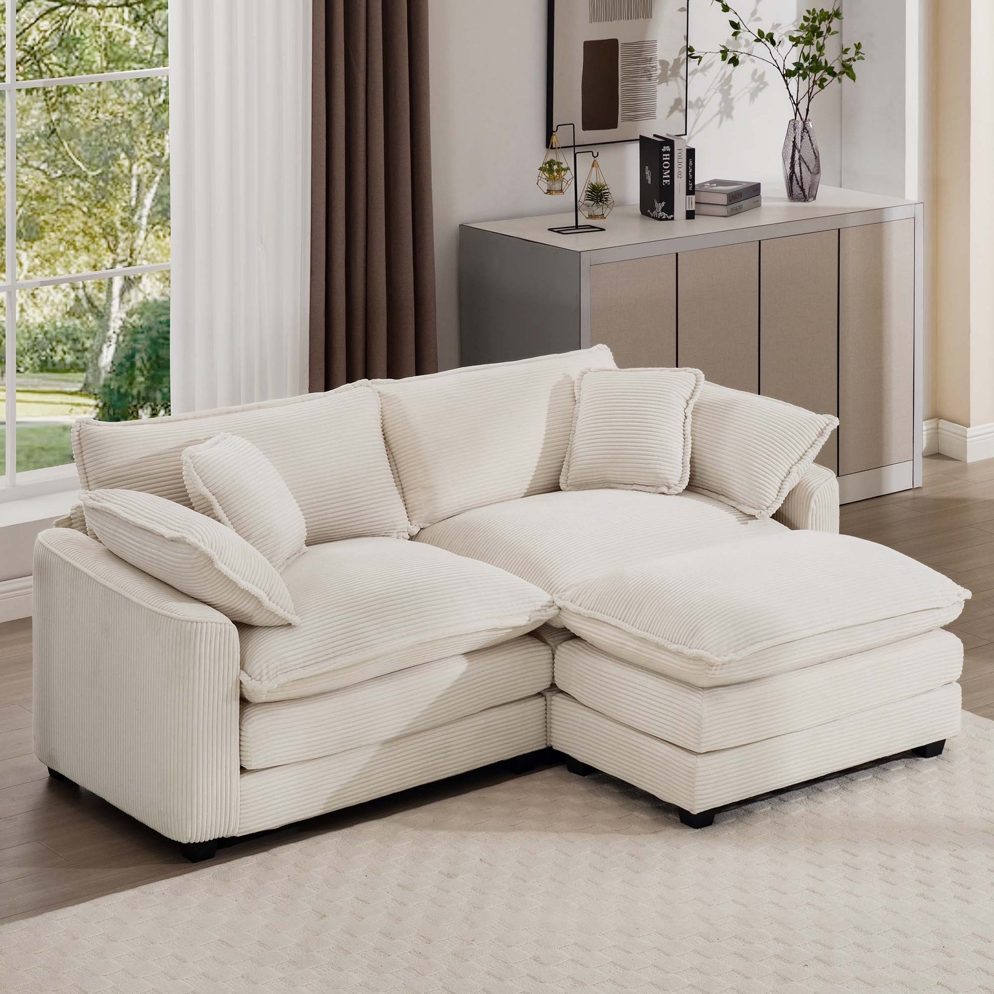 Modular cushion sofa in cream with ottoman, low back, deep seating, 2-piece set on Tampa Home & Garden Store