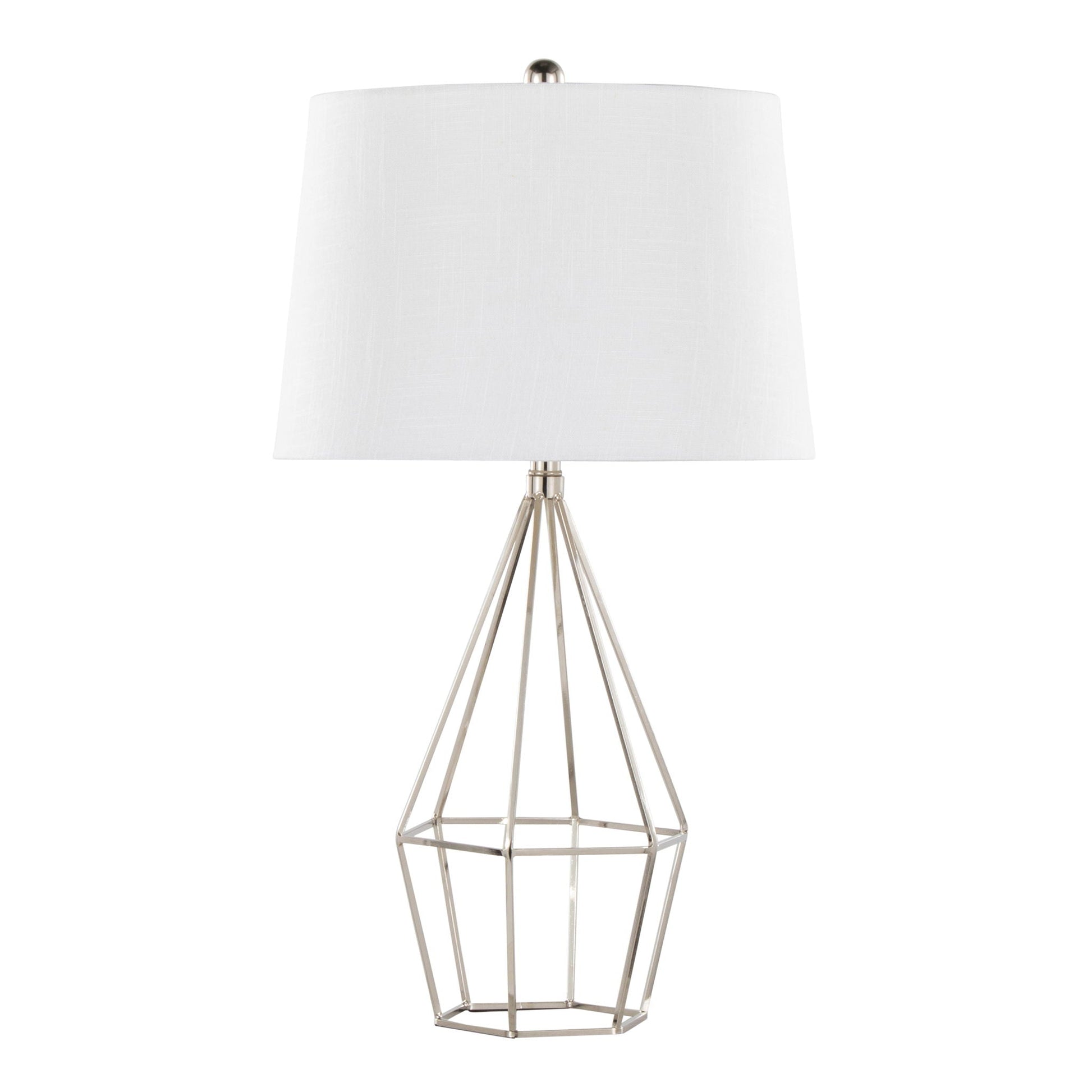 Polished nickel Diana table lamp with white fabric drum shade and geometric tripod base on Tampa Home & Garden Store