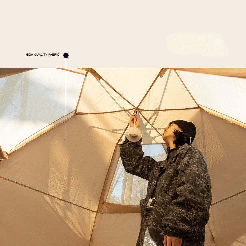 Outdoor Thickened Rainproof Folding Automatic Camping Tent tan, person adjusting pole on Tampa Home & Garden Store