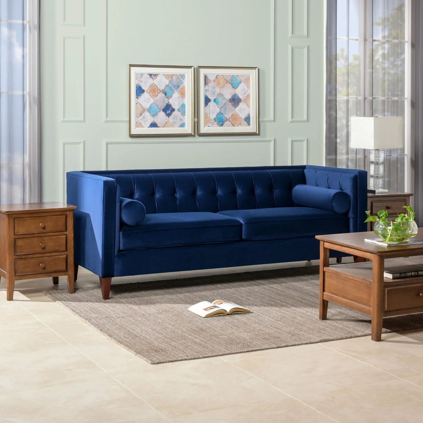Jack Modern Tuxedo Tufted Sofa Navy Blue by Unique Piece Furniture stationary sofa in living room on Tampa Home & Garden Store