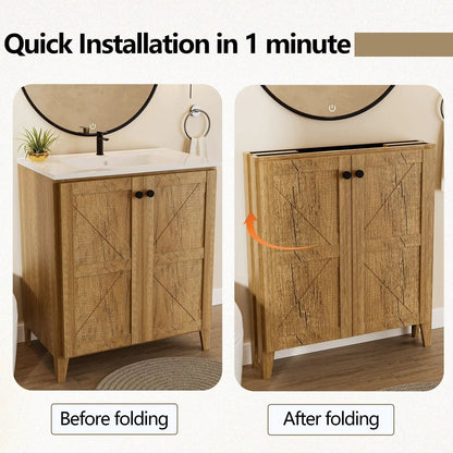 Folding floor vanity with ceramic sink in rustic wood finish, two-door cabinet, two views on Tampa Home & Garden Store