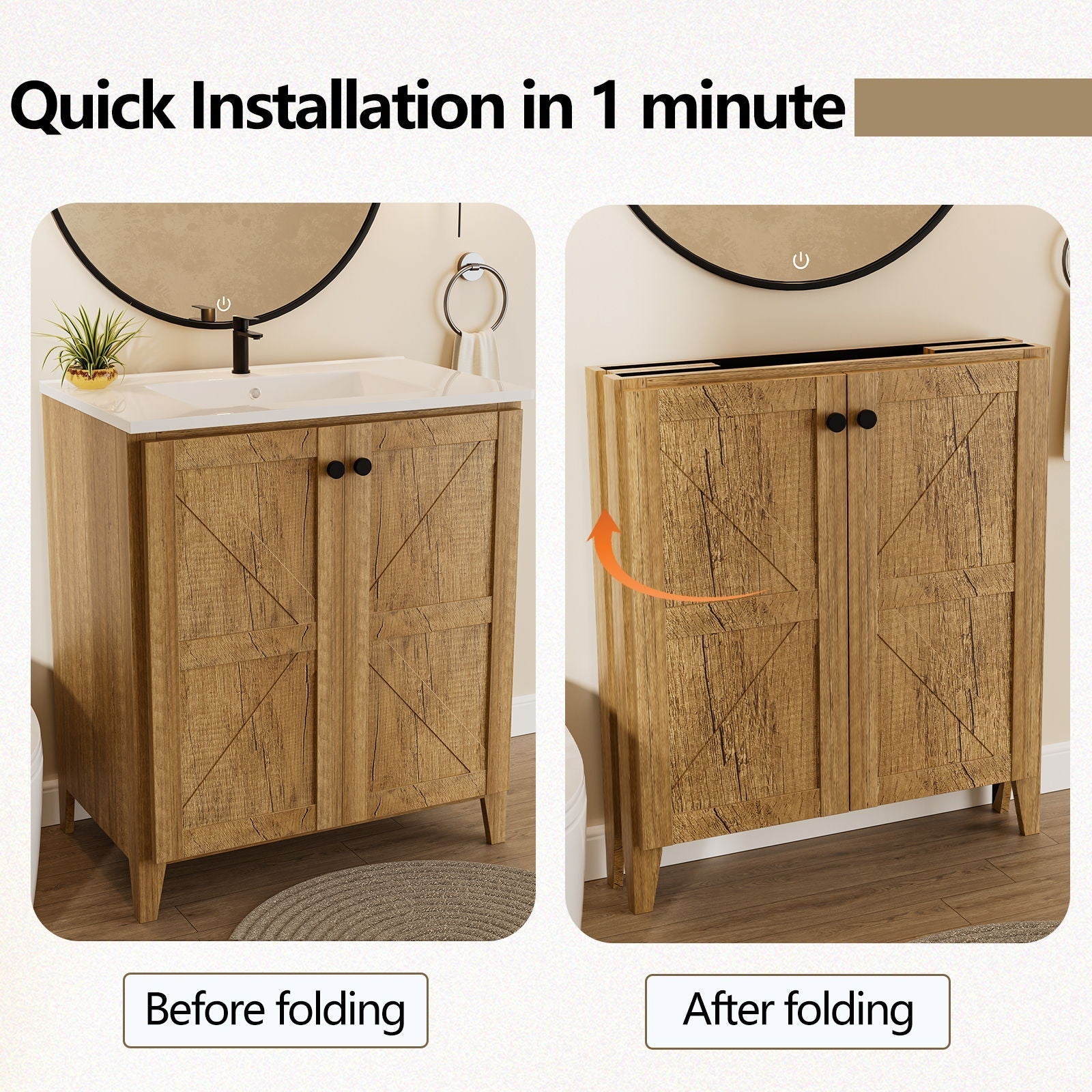 Folding floor cabinet vanity with ceramic sink in rustic wood space-saving by HouseOfZazla on Tampa Home & Garden Store