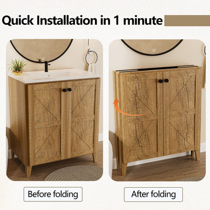 Folding floor cabinet vanity with ceramic sink in rustic wood space-saving by HouseOfZazla on Tampa Home & Garden Store