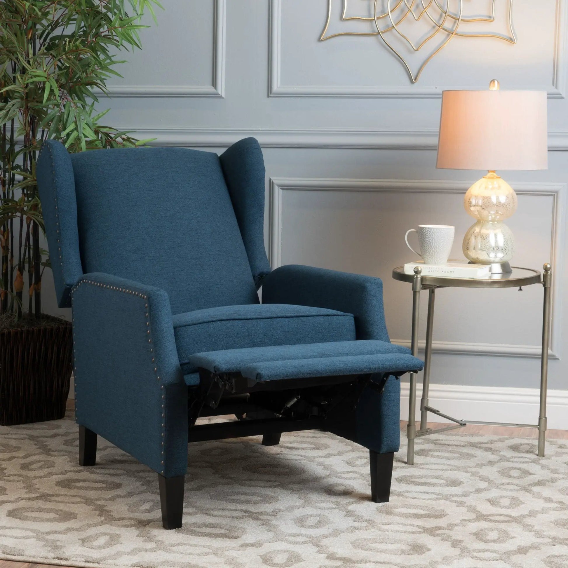 Westeros Wing Back Recliner in blue fabric by Unique Piece Furniture with footrest on Tampa Home & Garden Store