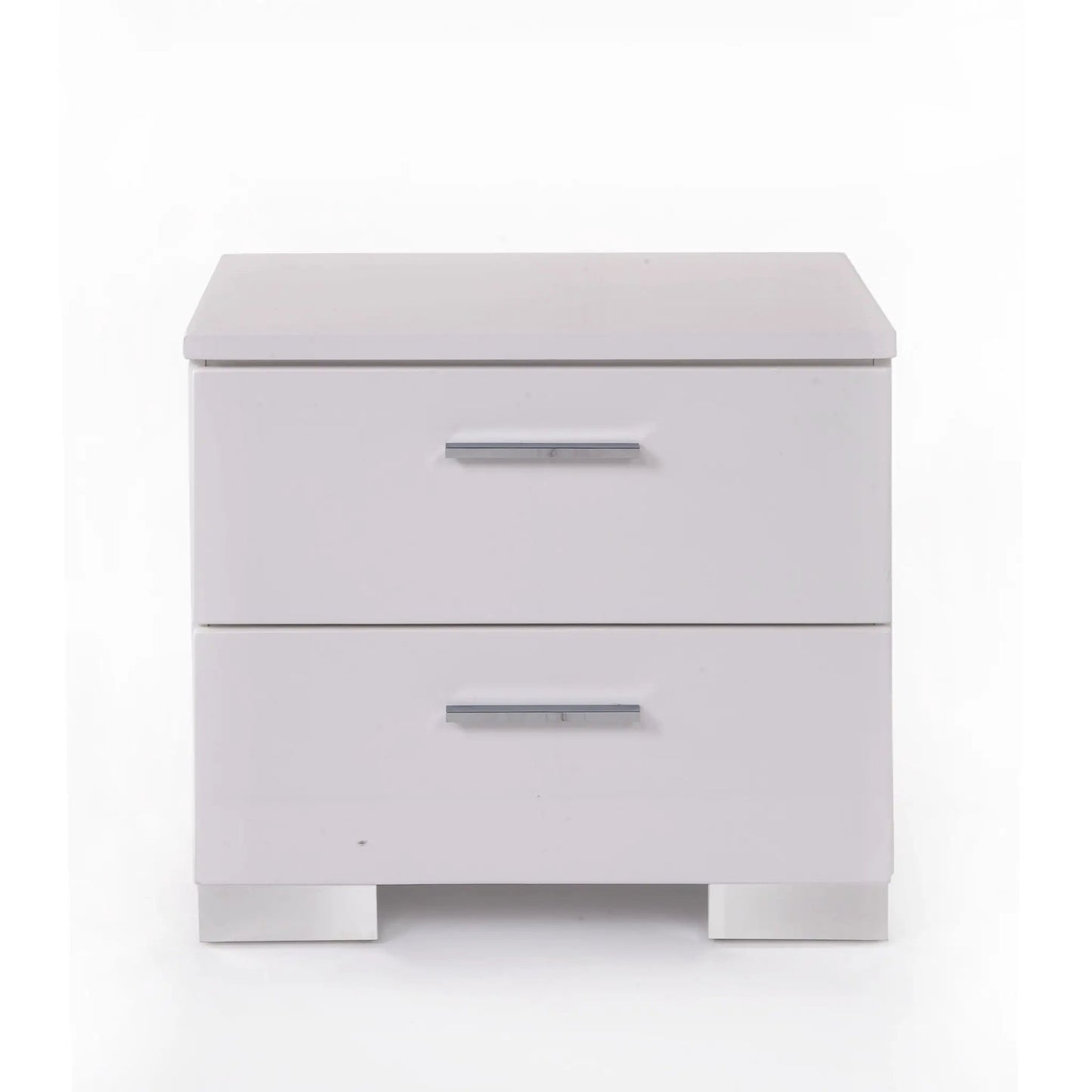 Lorimar white accent nightstand with chrome bar handle, glossy finish front view on Tampa Home & Garden Store