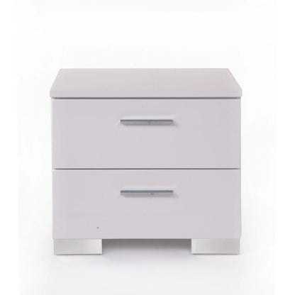 Lorimar white accent nightstand with chrome bar handle, glossy finish front view on Tampa Home & Garden Store