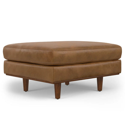Morrison ottoman from Unique Piece Furniture in tan leather with wooden legs on Tampa Home & Garden Store