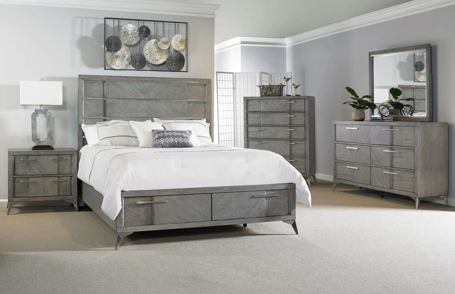 Storage Bed with Bookmatched Veneer and Drawers