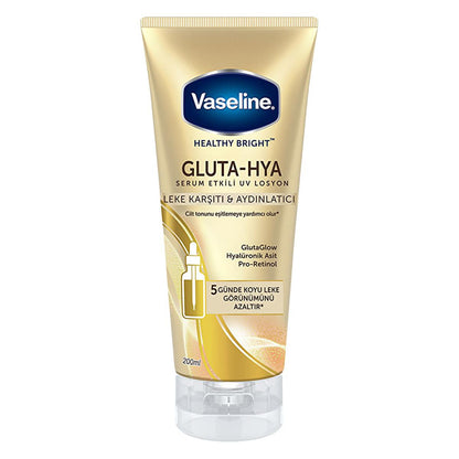 Vaseline Gluta-Hya Serum UV Protective Hydrating Lotion 200ml tube in gold with blue Vaseline logo on Tampa Home & Garden Store
