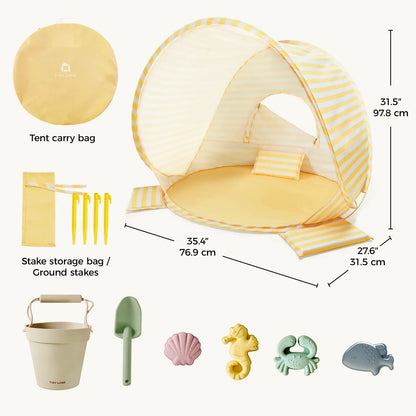 Tiny Land One-Stop Beach Toy & Tent Set striped pop-up beach tent with carry bag and stakes on Tampa Home & Garden Store