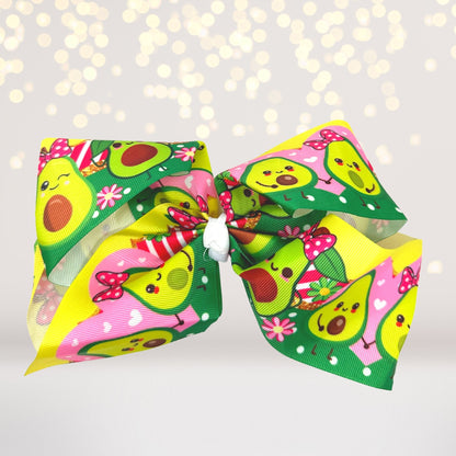 Fun Fruit Hair Bows set, oversized 8 inch colorful fruit prints on yellow ribbons on Tampa Home & Garden Store