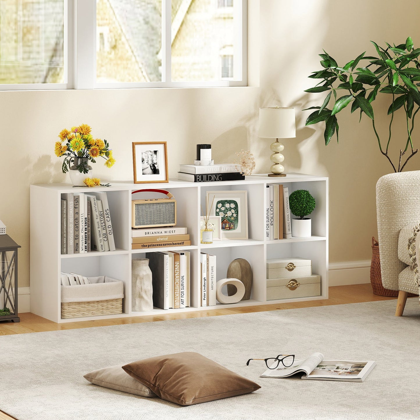 Estantería de 8 cubos con 2 kits antivuelco organizador de almacenamiento-Blanco