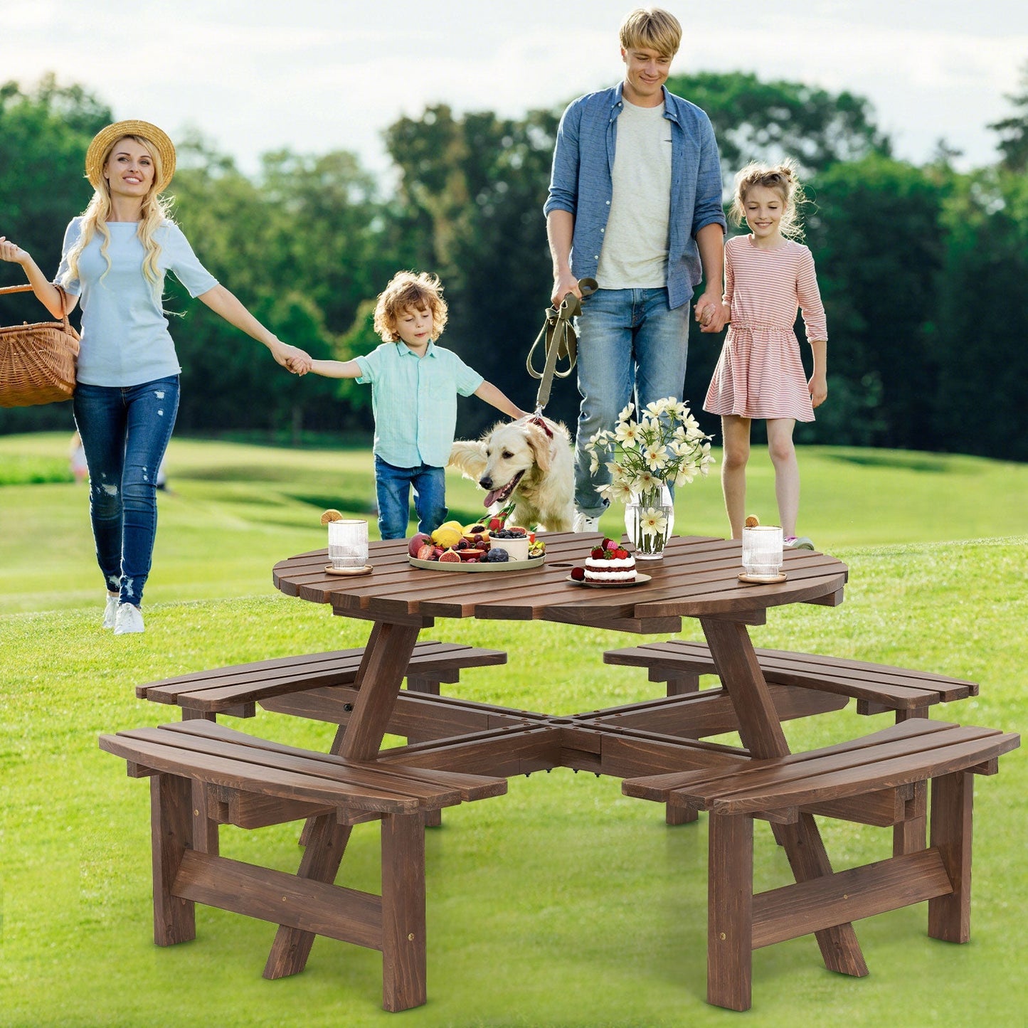 GemGear 8-Person Round Picnic Table Set with Benches in brown wood for outdoor patio dining on Tampa Home & Garden Store