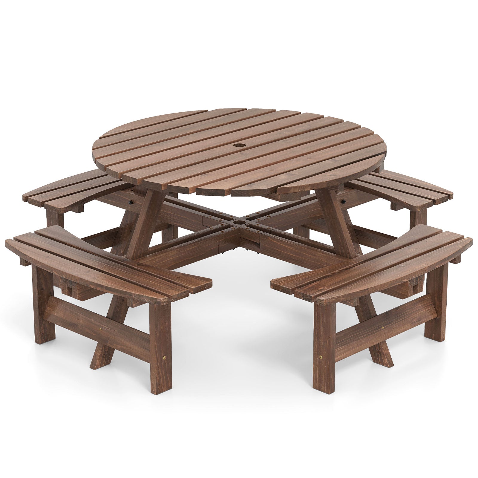 GemGear 8-Person Round Picnic Table Set with Benches in brown wood slats on Tampa Home & Garden Store
