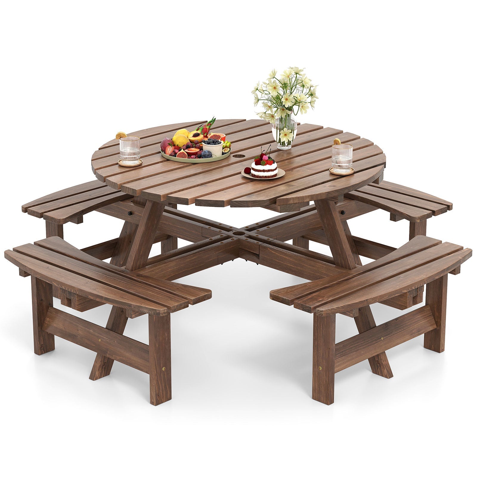 8-Person round wooden picnic table set with benches in brown finish for outdoor dining on Tampa Home & Garden Store
