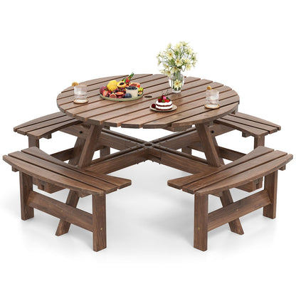 8-Person round wooden picnic table set with benches in brown finish for outdoor dining on Tampa Home & Garden Store